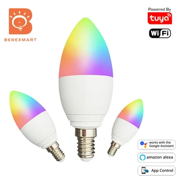 Benexmart Tuya WiFi E14 Светодиодная Свеча-лампочка RGBCW Smart Dimmable Lamp 5 Вт Smart Life App Alexa Google Home Изменение цвета
