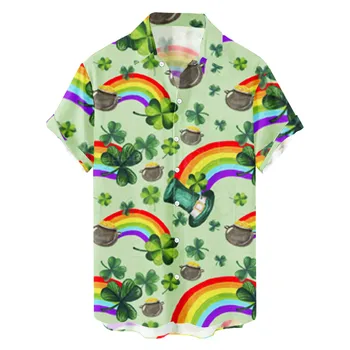 Мужские рубашки с коротким рукавом для ирландских фестивалей, стильная блузка с лацканами и пуговицами с рисунком клевера, уличная одежда для фестиваля Святого Дня, Гавайская одежда