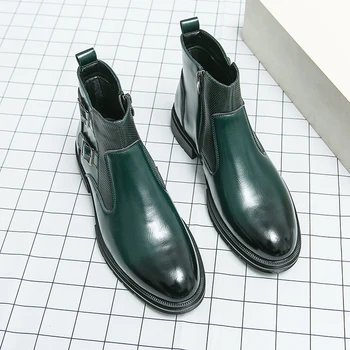 Роскошные брендовые зеленые мужские банкетные модельные ботинки в Британском стиле, Мужская обувь из натуральной кожи с острым носком, Универсальные ботильоны