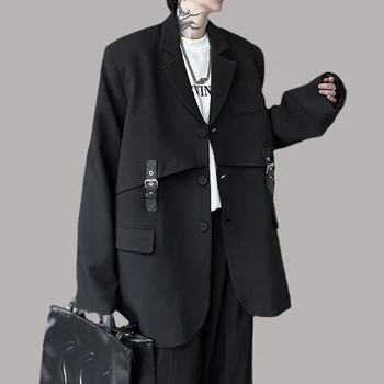 Мужские блейзеры премиум-класса, кожаные пальто свободного покроя с пряжкой и длинным рукавом, уличная одежда, Корейские стильные повседневные костюмы, куртка