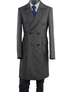 Твидовое пальто 2020 Темно-серое Модное длинное пальто Nailhead, сшитое на заказ Теплое двубортное пальто, стильное пальто поло