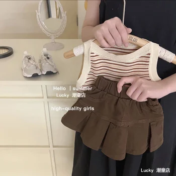 Детская одежда Детский комплект Топ в полоску без рукавов + плиссированная юбка Комплект из двух предметов Лето 2023