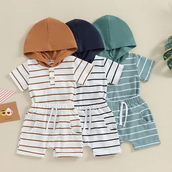 Комплекты Летней одежды для маленьких мальчиков, хлопковые футболки с капюшоном и короткими рукавами в полоску, шорты с эластичной резинкой на талии, 2 предмета повседневной одежды