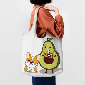 Хозяйственная сумка из вторичного сырья с авокадо и собакой, женская холщовая сумка через плечо, прочные сумки для покупок из фруктов, веганских продуктов, сумки для покупок, сумки