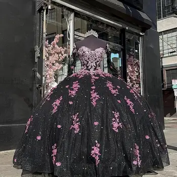 Черные готические пышные платья, Розовая кружевная аппликация с длинными рукавами, расшитый бисером корсет на шнуровке Sweet 15 16 Princess vestidos
