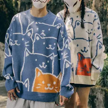 Легкий мужской свитер, уютный мужской свитер в японском ретро стиле харадзюку, вязаный свитер с мультяшным котом, мужской зимний пуловер оверсайз