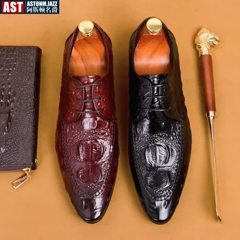 Мужская обувь в деловом стиле в британском стиле из натуральной кожи с крокодиловым принтом, повседневные оксфордские туфли с острым носком, красные свадебные туфли