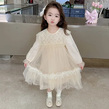 Новое платье для девочек 2023, повседневная весенне-летняя детская одежда, Корейское платье принцессы с жемчужным вырезом, модное платье из пряжи, платье