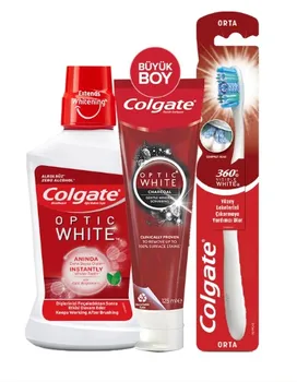 Зубная паста Colgate Optic White Charcoal отбеливающая 125 Мл, зубная щетка Medium, вода для ухода за полостью рта 250 мл
