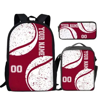 YIKELUO Красный рюкзак для ноутбука с теннисным принтом для подростков, хобби / любовный принт, изолированная сумка для ланча, пенал, запрос пользовательского имени / номерного набора