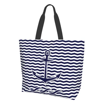 Абстрактный символ Якоря, очень большая продуктовая сумка в синюю и белую полоску, многоразовая сумка-тоут для покупок, путешествий, хранения