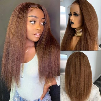 Unice Hair Бразильский кудрявый Прямой парик с кружевом спереди для женщин, парики из человеческих волос, 13x4 парика с кружевом спереди, красновато-коричневый 33B Бесклеевой
