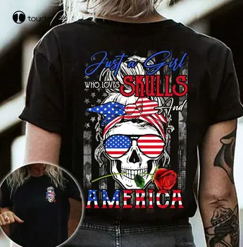 Новая футболка с Черепом Two Side Girl Loves America Flag Glasses Мужская Футболка Подарочная Рубашка Хлопчатобумажная Футболка Унисекс На Заказ Aldult Teen Unisex