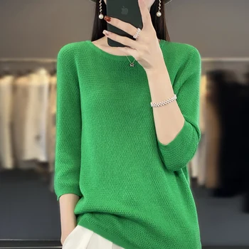 Весенне-осенний камвольный свитер с семью рукавами, Круглая горловина, Тонкая Свободная нижняя рубашка, простой модный женский топ