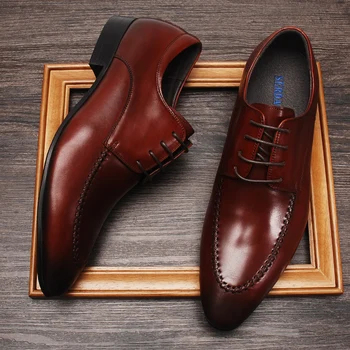 Дизайнерские мужские повседневные модельные туфли Роскошные мужские оксфорды из натуральной кожи Geniune, Элегантная коричневая официальная свадебная обувь на шнуровке для мужчин
