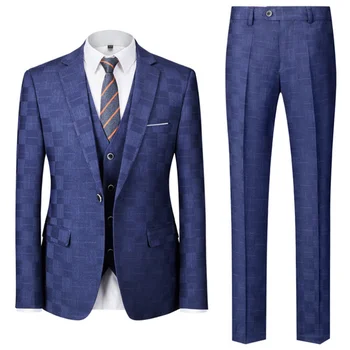 Синий мужской костюм из 3 предметов в деловую повседневную клетку, приталенный для свадебного банкета, Офисная рабочая одежда, смокинги, комплект из куртки, жилета и брюк