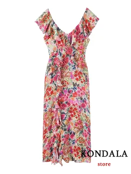 Винтажное женское платье KONDALA с длинным развевающимся рукавом, V-образным вырезом, принтом, без спинки, без рукавов, Vestidos, Новая мода 2023, осеннее праздничное платье