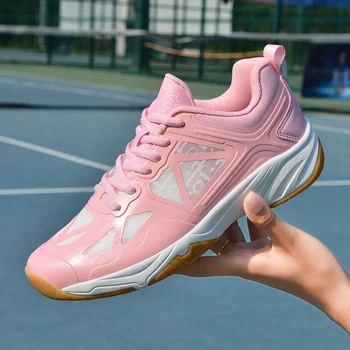 Модная розовая женская спортивная обувь, теннисные туфли с дышащей сеткой, мужские кроссовки для бадминтона, мужские волейбольные кроссовки на нескользящей шнуровке