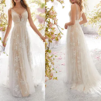 Новое свадебное платье, элегантное сексуальное благородное кружевное свадебное платье без рукавов с V-образным вырезом, вечернее свадебное платье