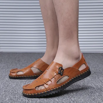 Высококачественные мужские сандалии ручной работы из натуральной кожи Большого размера 48, сандалии с закрытым носком, мужская удобная мягкая пляжная обувь, повседневная мужская обувь