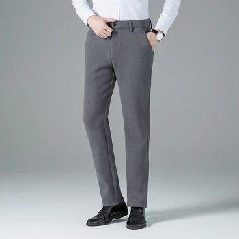 Зимние мужские черно-серые костюмные брюки, Элегантные деловые повседневные брюки, офисная одежда, термостатические брюки из спандекса и полиэстера