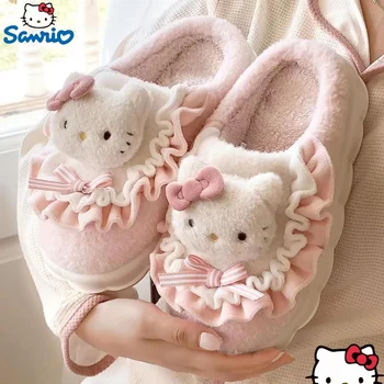 Милые тапочки с рисунком Hello Kitty для женщин и девочек, мультфильм Sanrio Melody, зимние теплые тапочки на платформе, противоскользящие домашние туфли Kuromi, тапочки