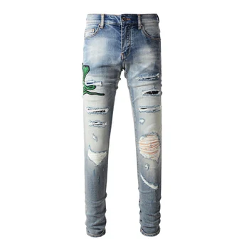 Модные мужские джинсы в стиле ретро, выстиранные синие, стрейчевые, обтягивающие, рваные джинсы, мужские кожаные дизайнерские брюки в стиле хип-хоп с заплатками, брендовые брюки
