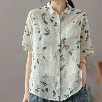 Рубашки для отдыха, женские топы, Винтажная рубашка с цветочным принтом, повседневная Летняя хлопковая льняная блузка в стиле ретро, Женский Корейский модный топ