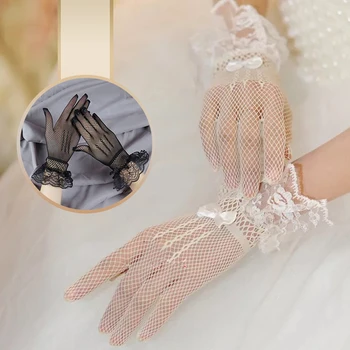 Женские кружевные перчатки с бантом, сетчатые эластичные варежки для полных пальцев, свадебные вечерние перчатки для свадебного платья, женские элегантные перчатки для полного платья