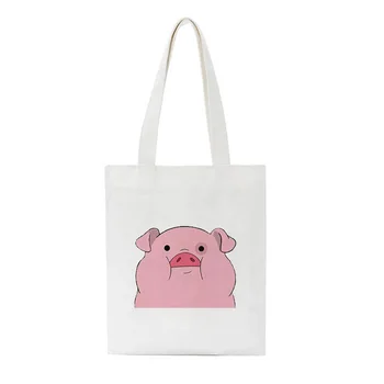 Милые Свиньи, холщовые сумки через плечо, женские мультяшные сумки через плечо в стиле Харадзюку большой емкости, холщовая сумка, белые сумки для покупок, женская сумка
