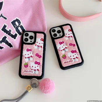 Ins Korea Sanrio Hello Kitty, плюшевая вышивка с ремешком, чехол для телефона для iPhone 15 14 13 12 11 Pro Max, задняя крышка с защитой от падения