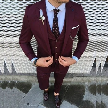 Роскошные мужские костюмы бордового цвета с остроконечным лацканом, однобортный Элегантный пиджак из 3 предметов, Брюки, жилет, Блейзер для жениха на свадьбу, полный комплект, 2023 г.