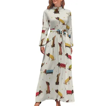 Красочное платье для собак с забавным животным принтом, Эстетичные пляжные платья, Женское Длинное платье Макси с длинным рукавом и высокой талией для вечеринок