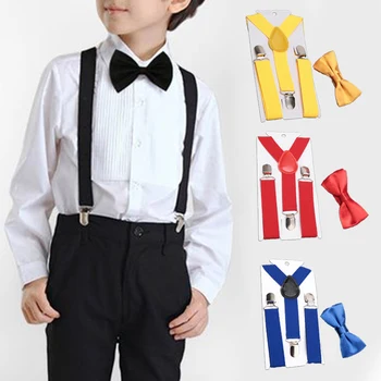 Многоцветные Детские Эластичные подтяжки с галстуком-бабочкой, Комплект для мальчиков и девочек, Свадебная рубашка с Y-образным вырезом, подтяжки, Пояс-бабочка, галстук-бабочка, Брюки, Джинсы