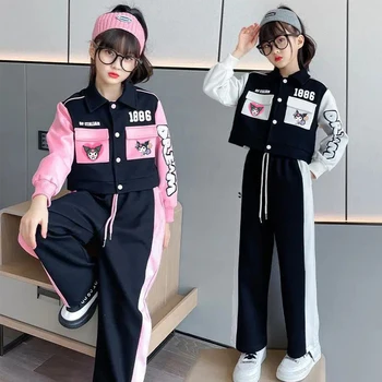 Аниме Sanrios Kuromi/ комплект для девочек, бейсбольная форма в корейском стиле, пальто в стиле пэчворк с буквенным принтом Y2K + брюки, 2 предмета одежды Jk, детский спортивный костюм