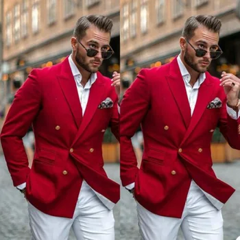 Мужской пиджак красный с длинным рукавом и воротником на заказ Двубортный приталенный повседневный деловой пиджак Брюки для мужчин Свадебные 2 шт.