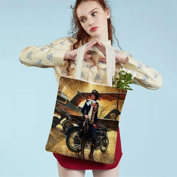 Мотоциклетная Женская дорожная сумка-тоут, Мультяшная сексуальная девушка, двусторонняя повседневная холст, Винтажный плакат с масляной живописью, Женская сумка для покупок
