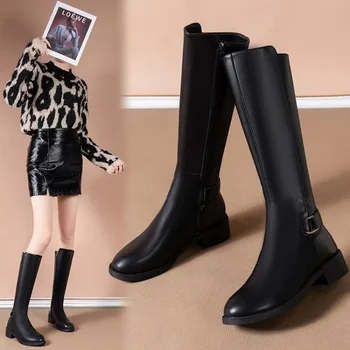 Новые сапоги до колена из искусственной кожи для женщин, металлическая пряжка, Модная уличная женская обувь, Размер 35-41, длинные черные ботинки