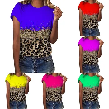 Женская повседневная футболка с леопардовым принтом, короткими рукавами и круглым вырезом, блузка с рукавом, Повседневные топы, женские летние