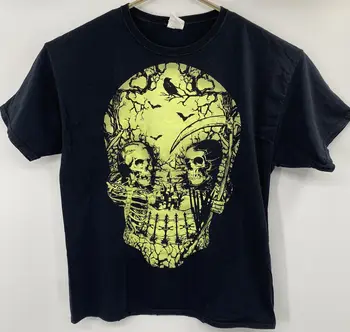 Винтажная футболка Y2K с черепом, светящимся в темноте, с крупным принтом на Хэллоуин, черная