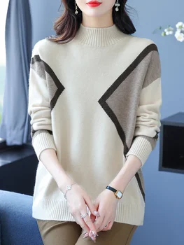 Женский свитер с геометрией, весна-осень, корейский модный пуловер с высоким воротом, женская одежда, свитера с длинными рукавами