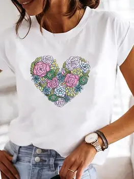 Женская летняя футболка с принтом, футболки с коротким рукавом, Повседневный тренд Love Heart Plant, Милая женская мода, женская графическая футболка