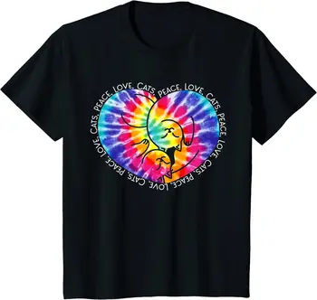 Подарочная футболка Peace Love Cats Tie Dye Heart Kitty Hippie Groovy в стиле ретро, повседневные футболки с графическим рисунком Four Seasons, Мужская одежда из хлопка
