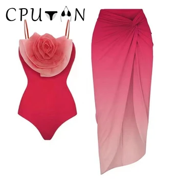 CPUTAN 2023 Сексуальный комплект бикини с 3D цветами, цельный купальник Пуш-ап, женский винтажный бразильский купальник, юбка, пляжный купальный костюм, платье