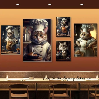 забавный винтажный толстый кот, повар, шеф-повар, Едящий пиццу, пьющий пиво, художественный плакат, картина на холсте, настенная печать, картина для домашнего декора в баре в номере