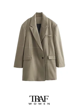 TRAF-Женское пальто-блейзер оверсайз, длинный рукав, карманы с клапанами, Женская верхняя одежда, Шикарные топы, Отстрочка верха, Мода
