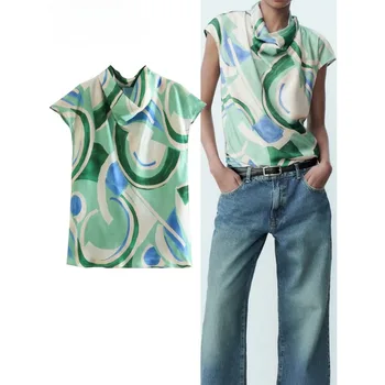 Женские блузки MsOrodi, атласная блузка с принтом, женские летние топы с коротким рукавом, Женские элегантные И винтажные женские блузки с высоким воротом
