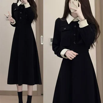 Элегантное поддельное Черное платье-двойка, женская мода, отложной воротник, длинный рукав, Приталенное платье, Милый Простой женский халат с карманом