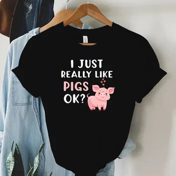 Женская Модная футболка Y2k Harajuku с надписью I Just Really Like PIGS, Короткие рукава, Круглый вырез, Розовая Футболка с рисунком Милого Поросенка, Женская бижутерия