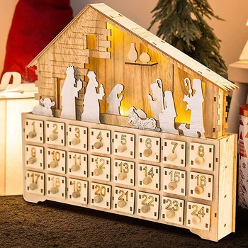 Деревянный рождественский календарь обратного отсчета со светодиодной подсветкой в форме домика, настенный календарь за 24 дня до Рождества для детей, подарок для семьи и друзей